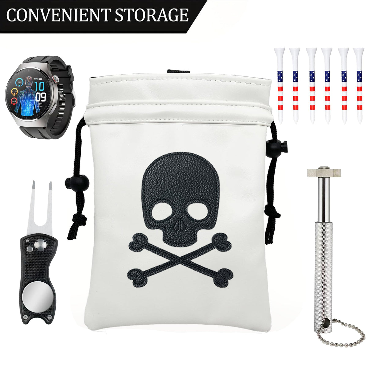 MEAHILESC Skull Golf Valuables Pouch attached to golf bag for quick access