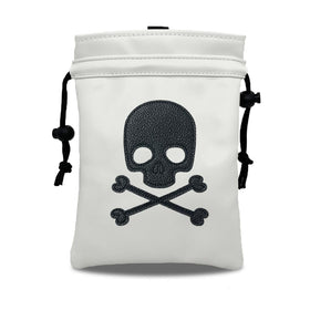 MEAHILESC Skull Golf Valuables Pouch close-up showing premium PU leather and secure drawstring closure
