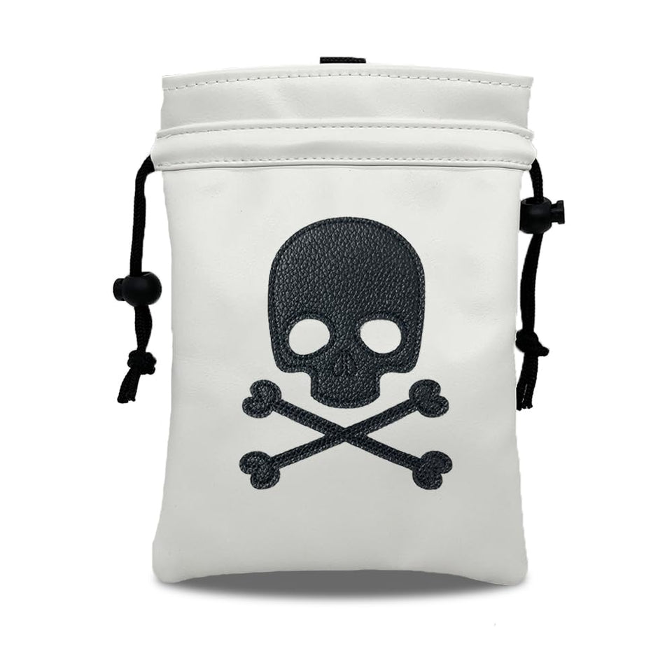 MEAHILESC Skull Golf Valuables Pouch close-up showing premium PU leather and secure drawstring closure