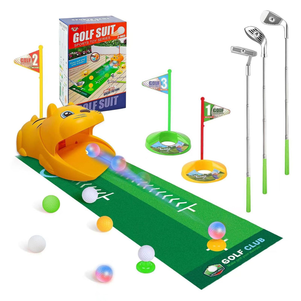 Mebuceiop tiger auto-returner in action, inviting kids to practice golf indoors or outdoors.