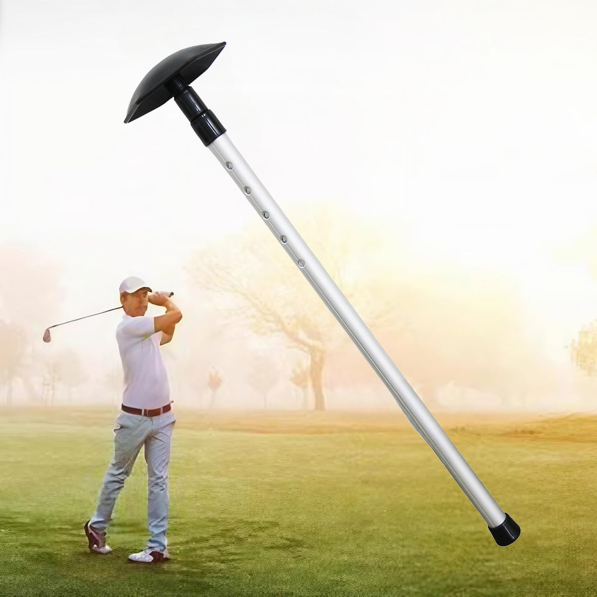Meichoon golf travel pole with lock button secures length quickly.