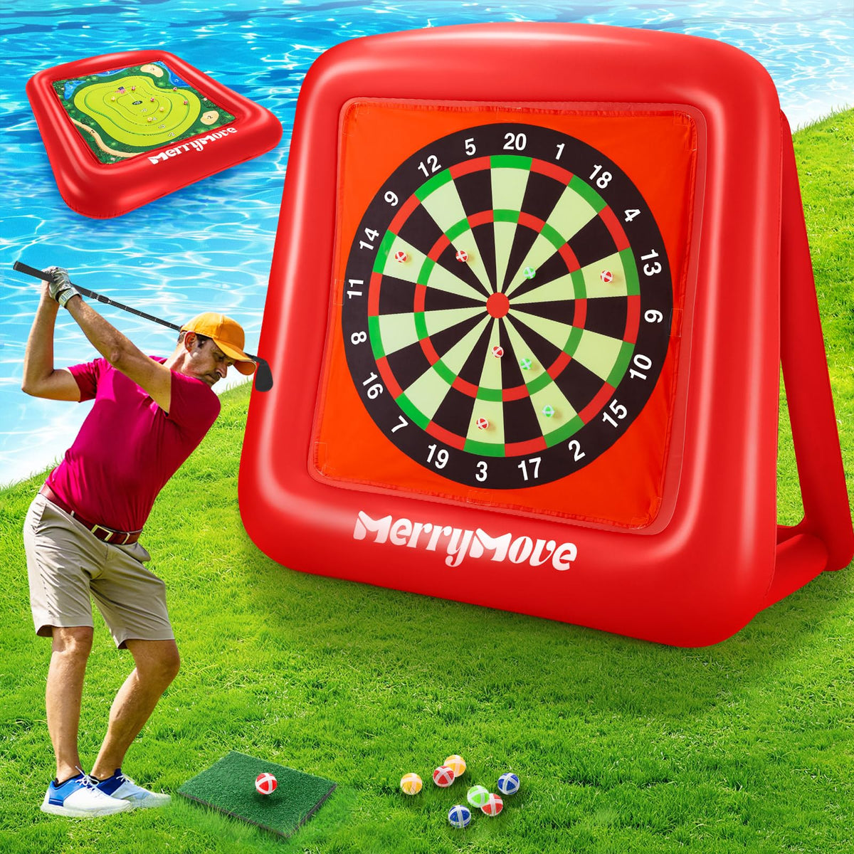 MerryMove giant inflatable dartboard front view, 6.6 ft tall, ideal for outdoor games.