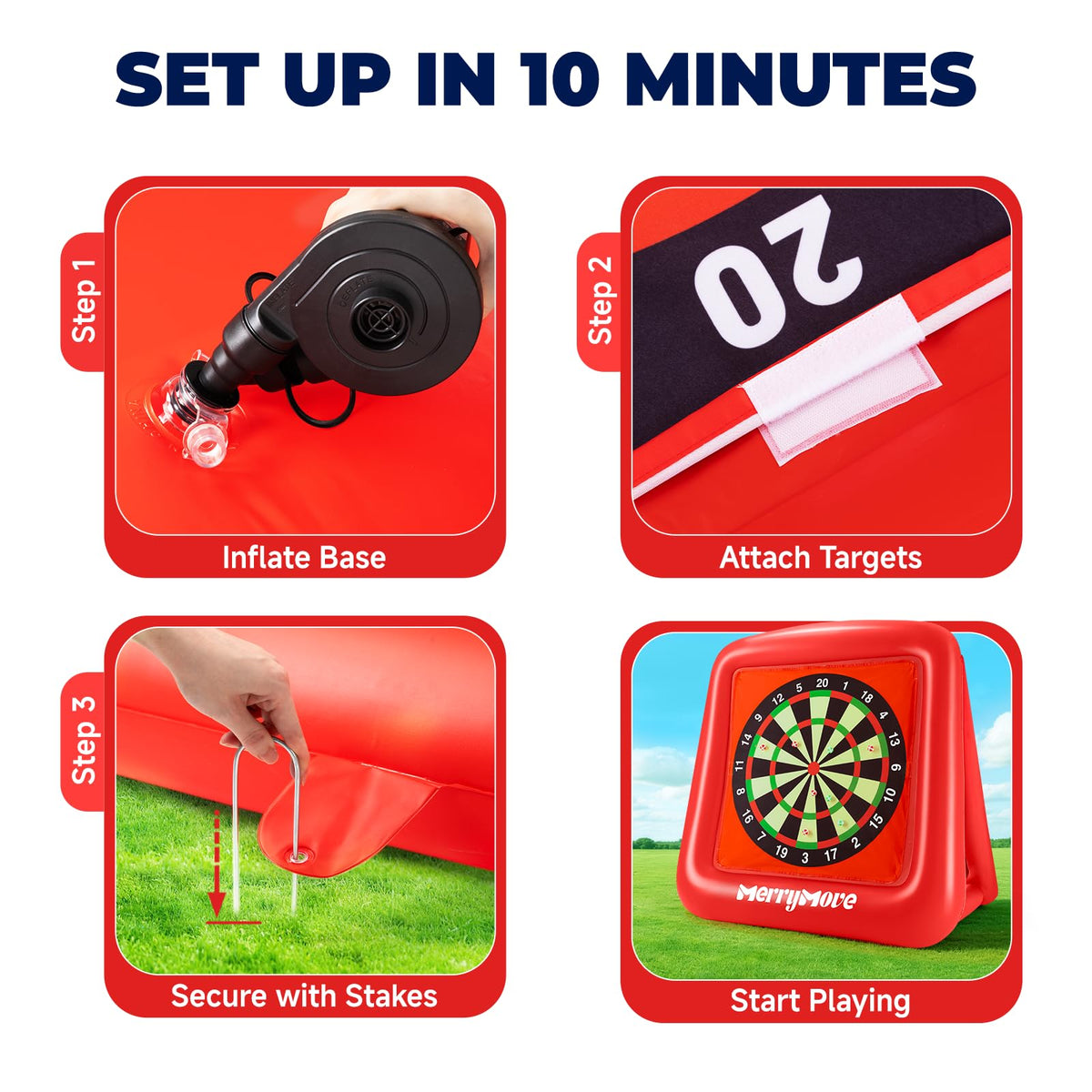 MerryMove backyard party scene with inflatable golf-dartboard centerpiece.
