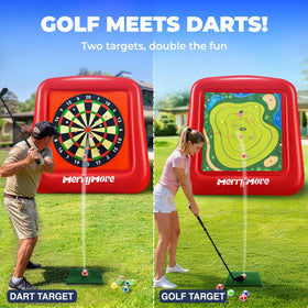 MerryMove golf-dartboard side view shows towering centerpiece at height.