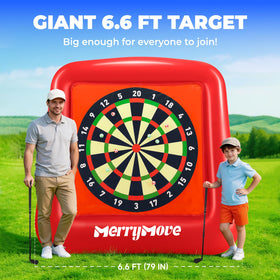 MerryMove giant inflatable golf-dartboard six-point-six-foot height in action.