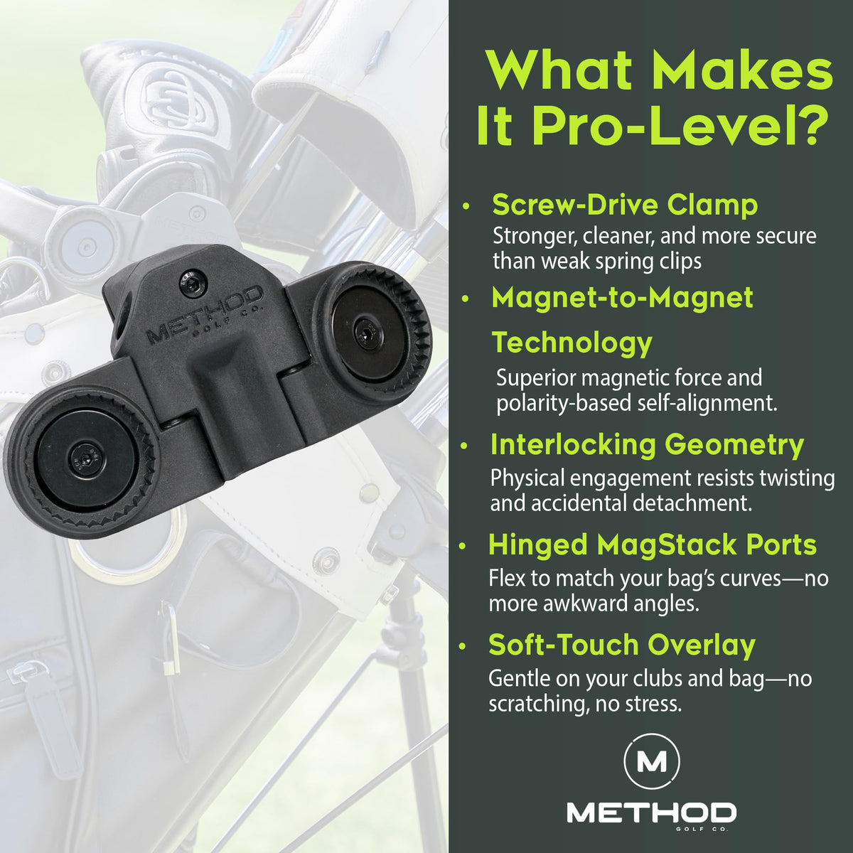 Method Golf BagStack interlocking magnets enhance stability when stacked