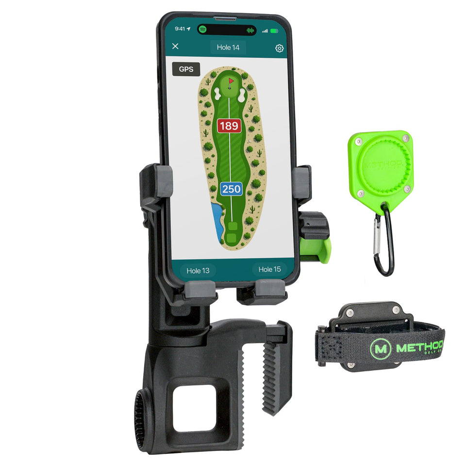 Method Golf CarryStack phone mount on bag enables hands-free filming.