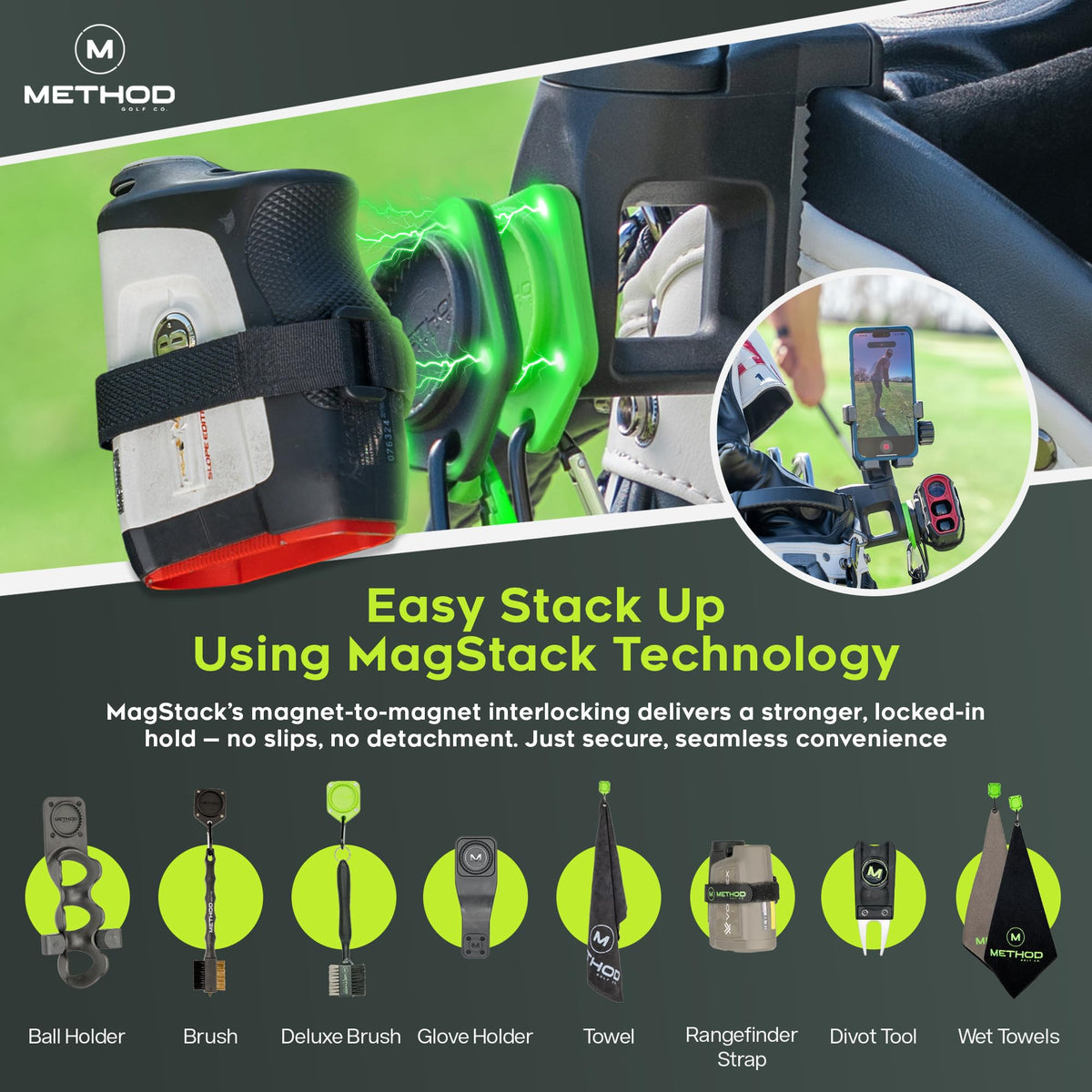 Method Golf CarryStack SmartGrip cradle fits most smartphones securely.