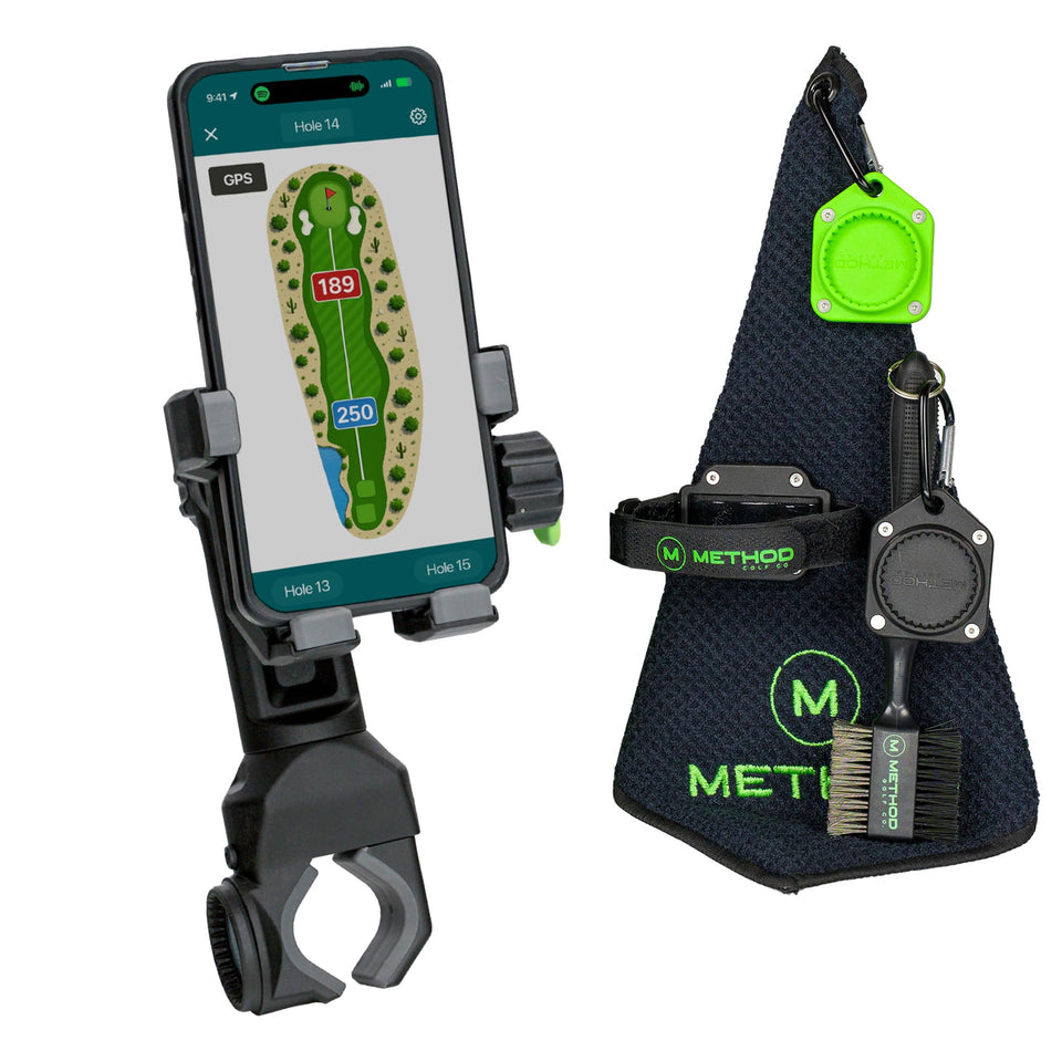Method Golf PushStack Pro Pack magnetic phone holder on cart for quick access