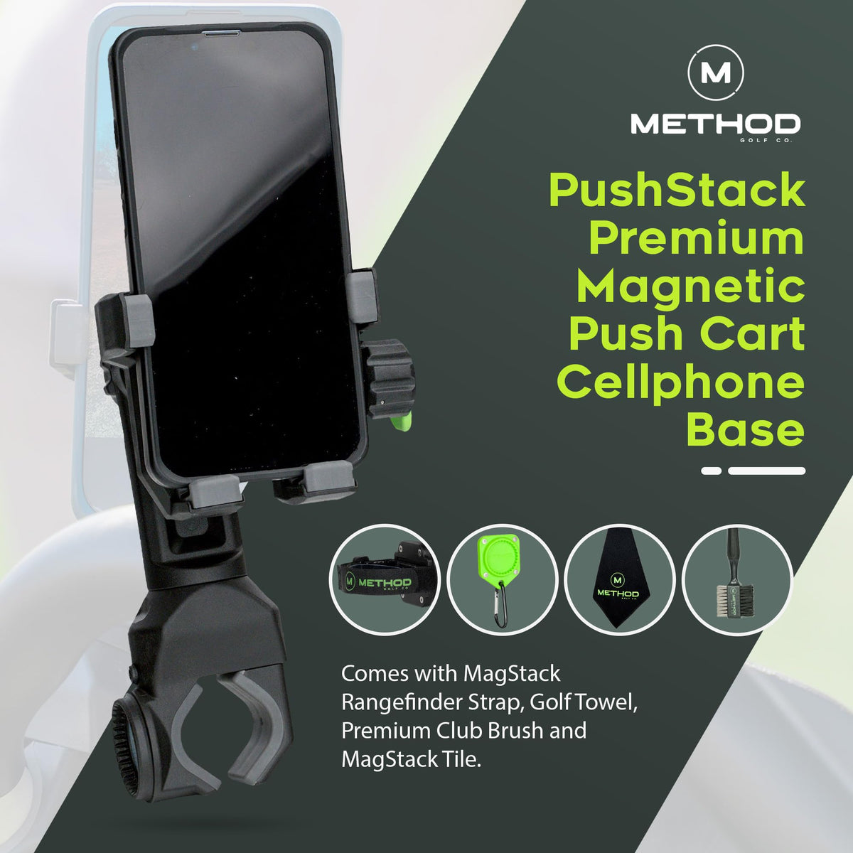Method Golf PushStack MagStack towel with tile attached for easy access