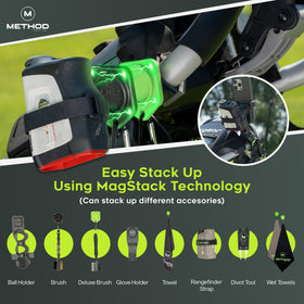 Method Golf PushStack rangefinder strap securely attached on cart