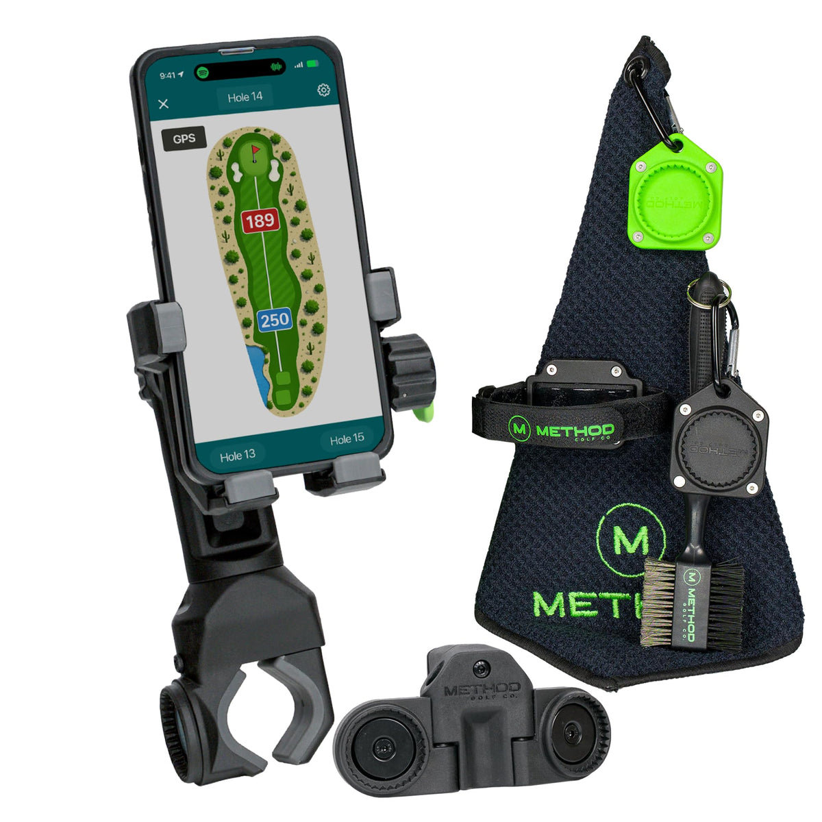 Method Golf Co. PushStack magnetic phone holder secured on cart for easy access