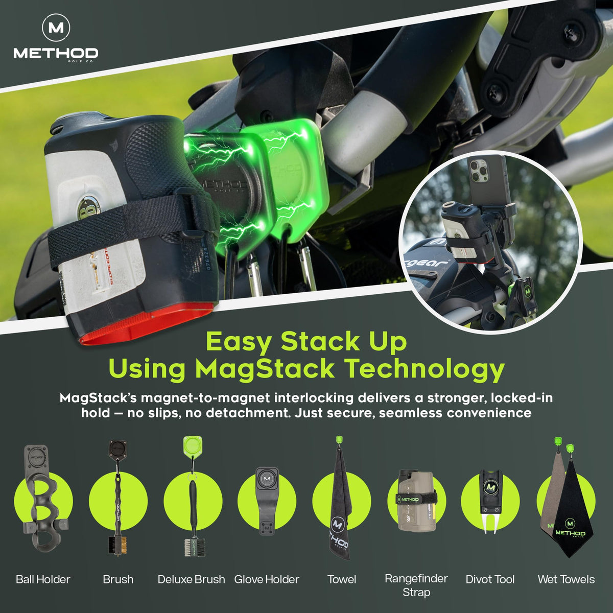 Rangefinder strapped with PushStack magnetic strap on uneven greens