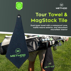 Universal clamp from PushStack fitting various golf bags and carts