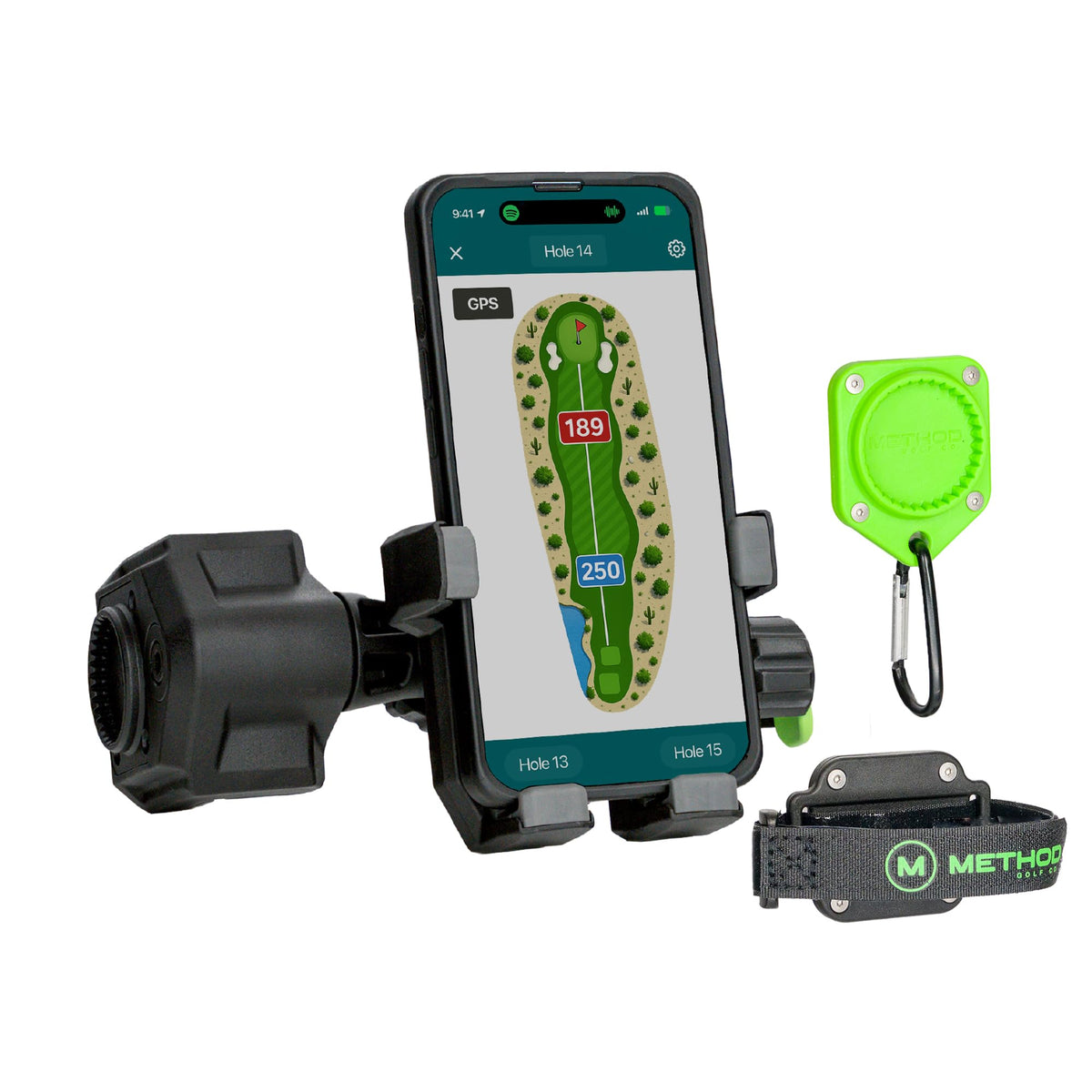 Method Golf RiderStack mount on cart securely holds phone on rough fairways