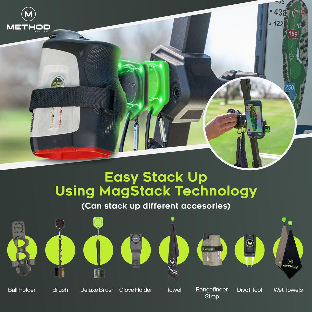 Method Golf RiderStack Pro Pack club brush integrates with MagStack for quick setup.