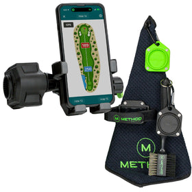 Method Golf RiderStack Pro Pack magnetic phone holder secures devices on carts for easy access.
