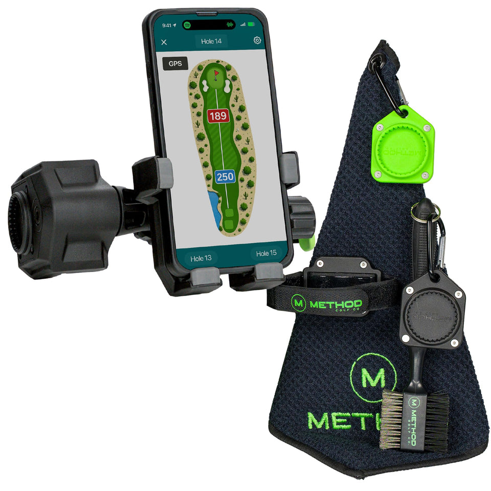 Method Golf RiderStack Pro Pack magnetic phone holder secures devices on carts for easy access.