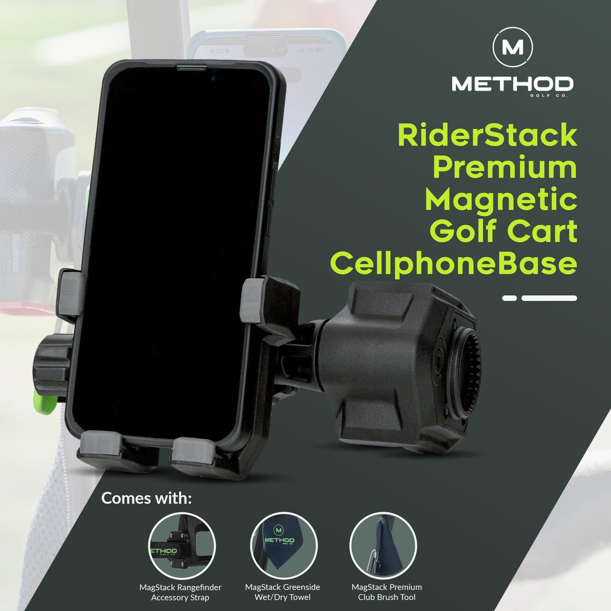 Method Golf RiderStack Pro Pack rangefinder magnetic strap keeps optics ready between shots.