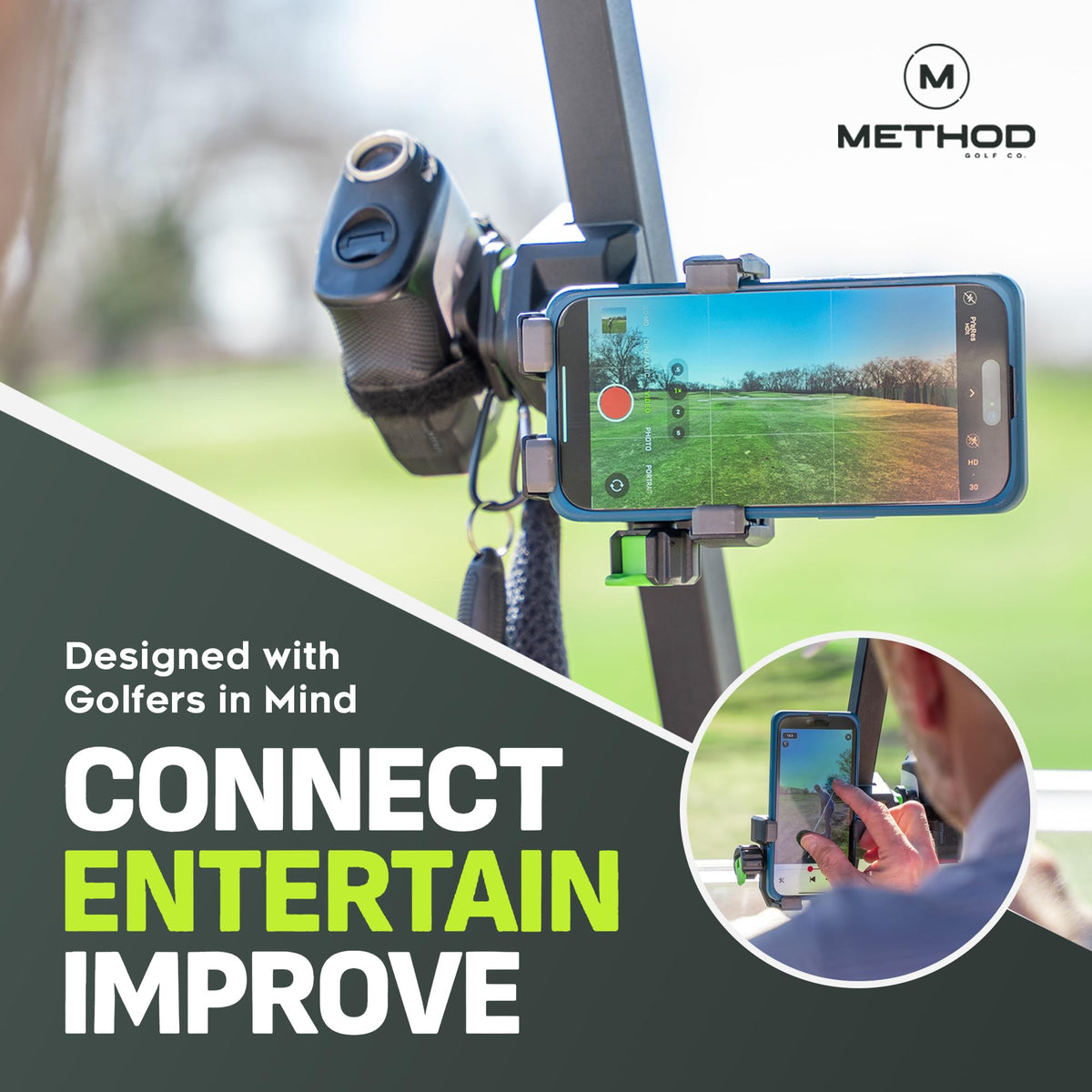 Method Golf RiderStack Pro Pack 360-degree rotation holder for optimum device viewing.