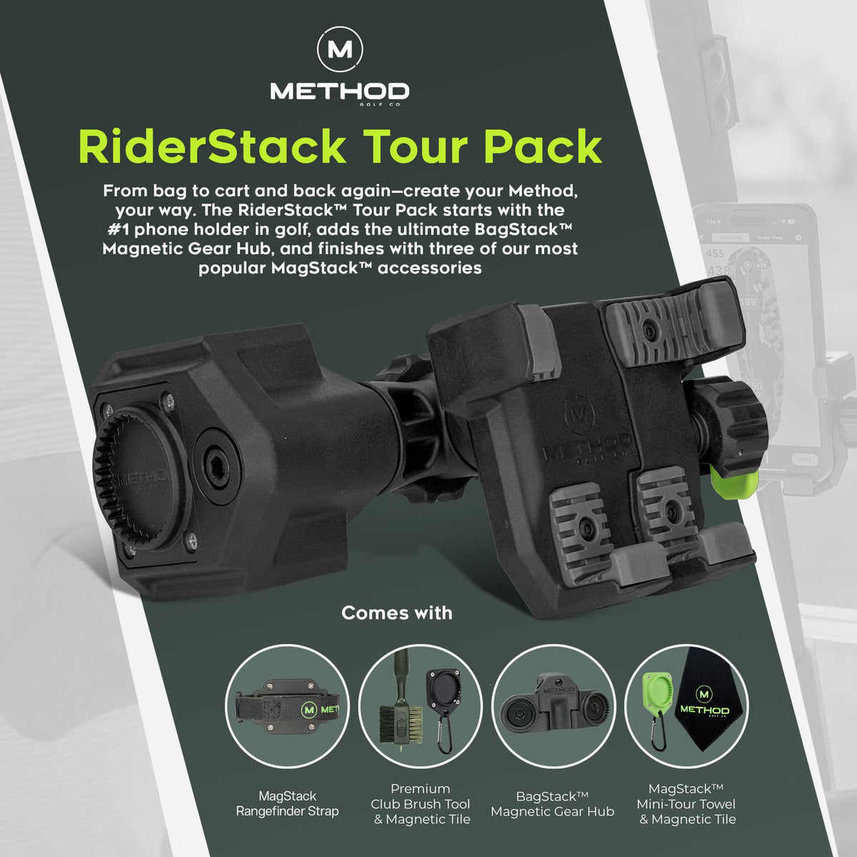 Method Golf RiderStack Tour Pack gear hub organizes accessories for a clutter-free bag.