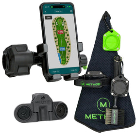 Method Golf RiderStack Tour Pack phone holder on cart provides secure, hands-free access.