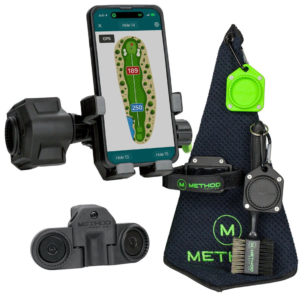 Method Golf RiderStack Tour Pack phone holder on cart provides secure, hands-free access.