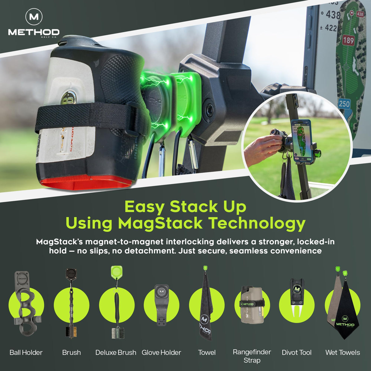 Method Golf RiderStack Tour Pack rangefinder strap keeps rangefinder ready at a moment's glance.