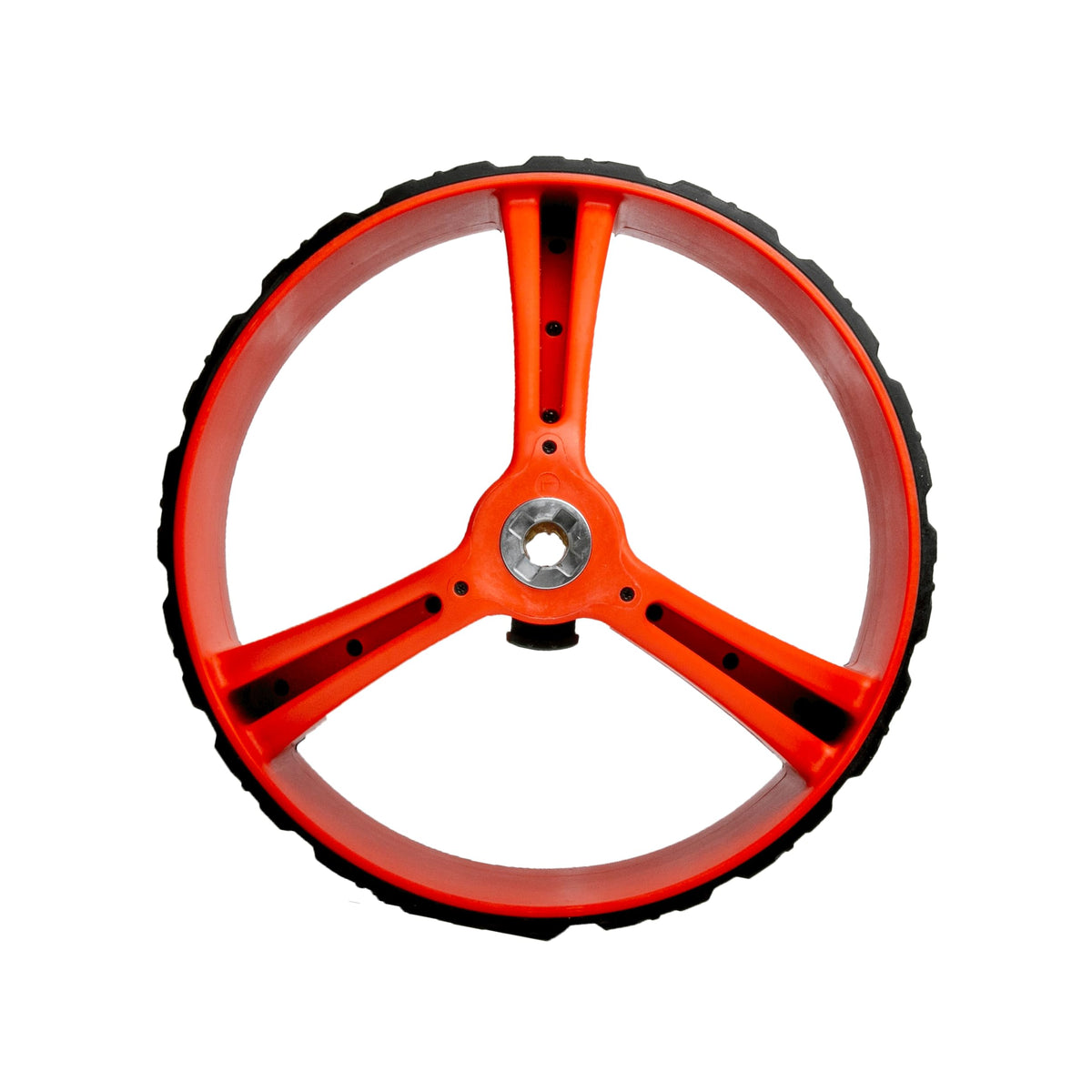 MGI Zip X3 right rear wheel, black and red design, delivers sturdy performance