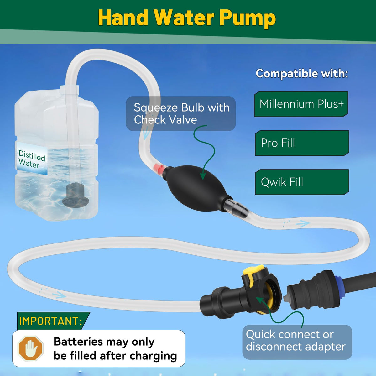 Micacia battery water filler used with distilled water for cleaner operation