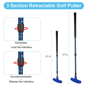 Micnaron mini golf set showing adjustable-length putter scale for kids and adults.