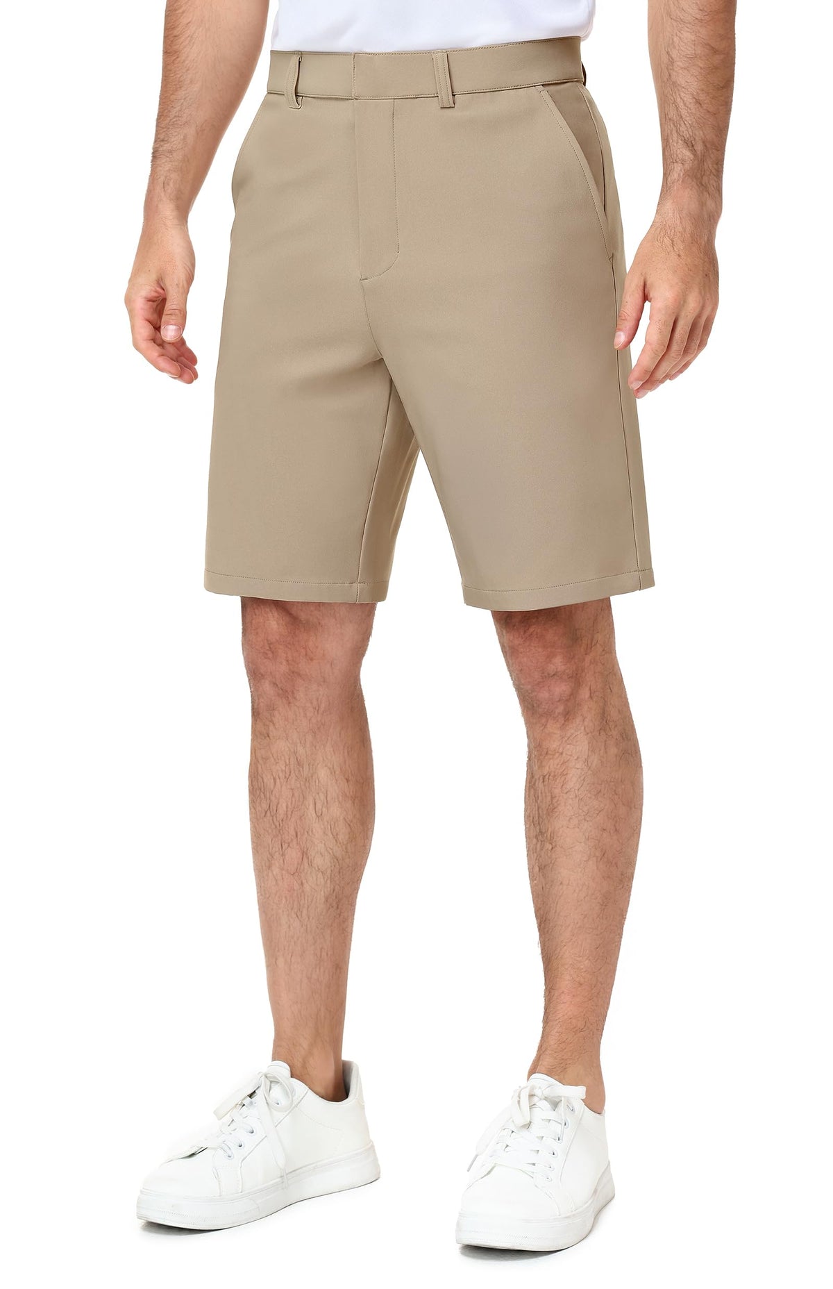 MIER khaki golf shorts with front pockets for secure phone and ball storage