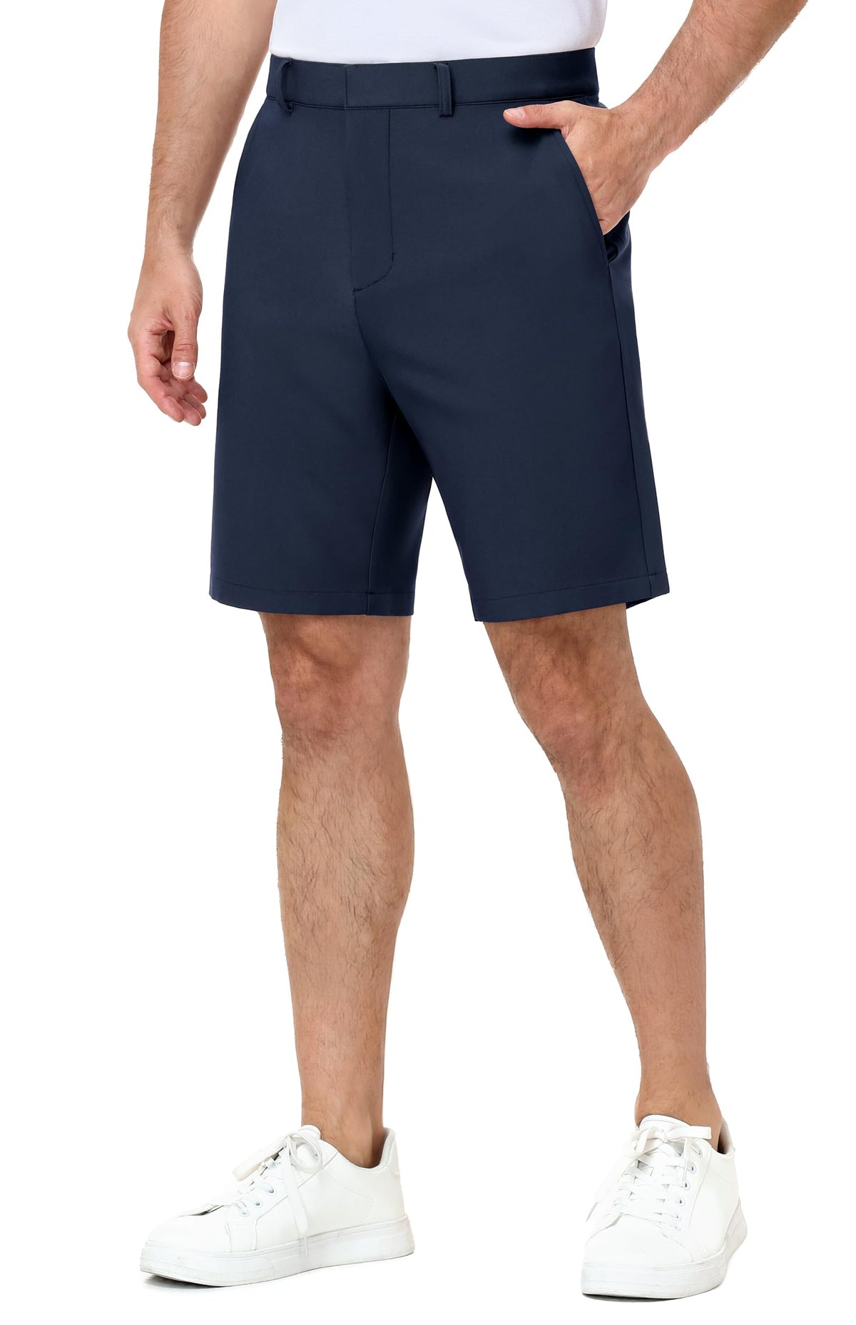 MIER navy golf shorts with front pockets for secure storage during swings.