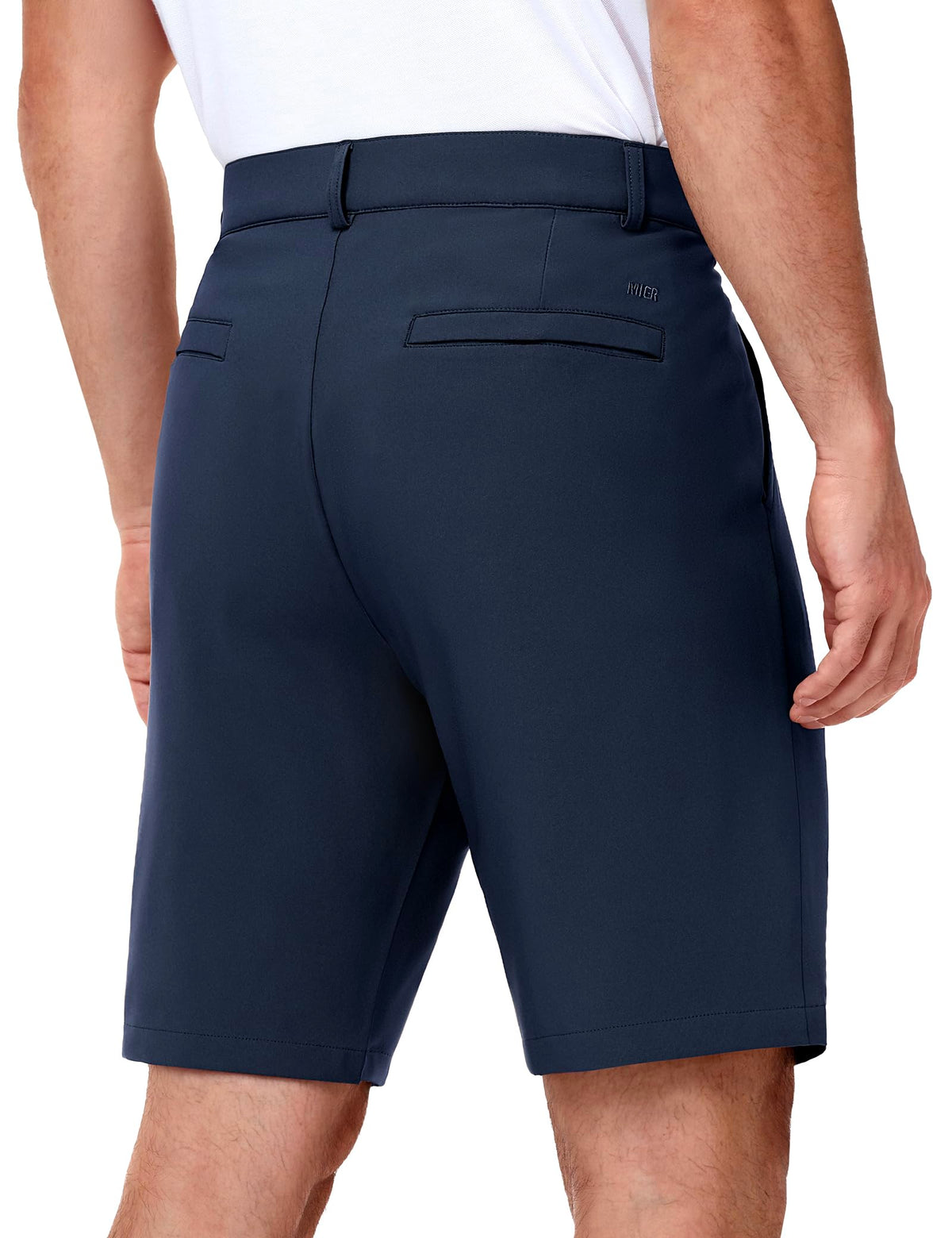 MIER navy golf shorts rear pockets with snap closures for gloves or wallet.