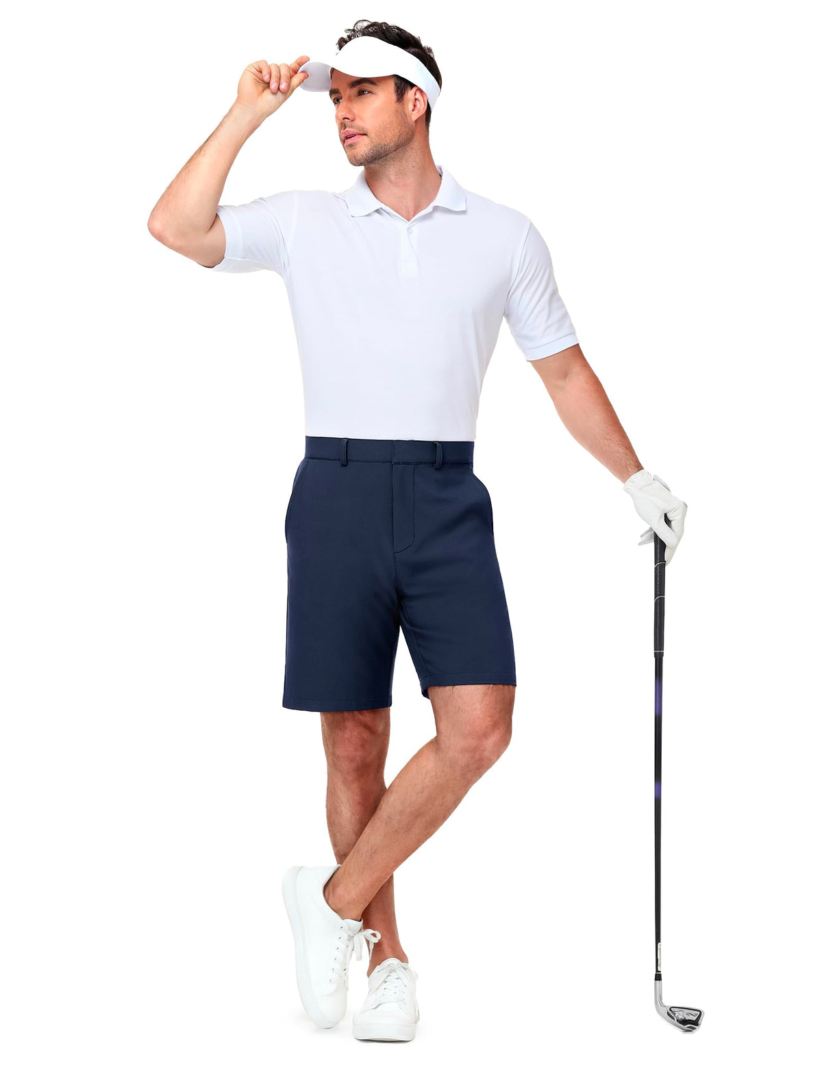 MIER navy golf shorts offer a 7-inch length for a modern silhouette.