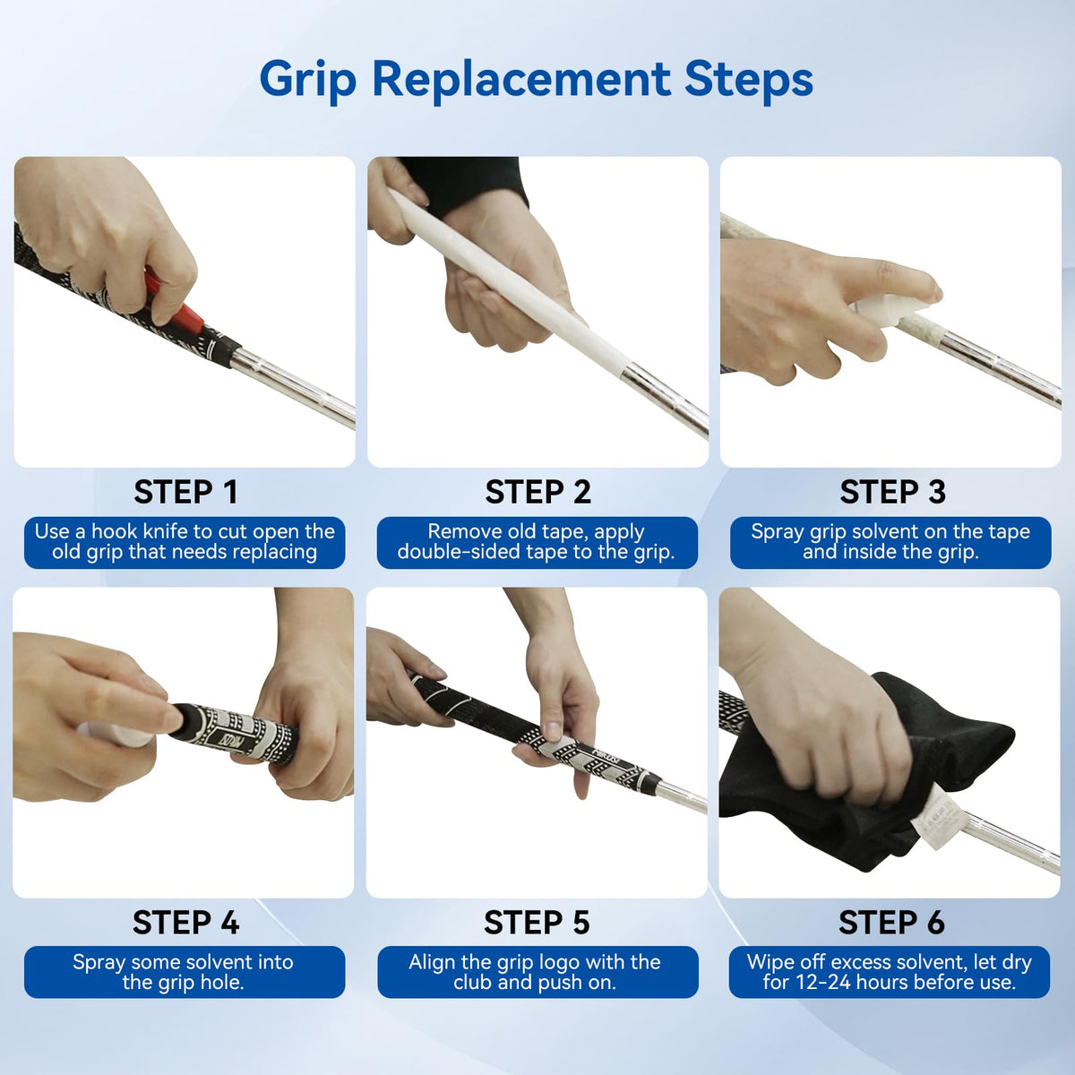 Universal compatibility showing MIKOSI grips fitting irons, woods, and hybrids