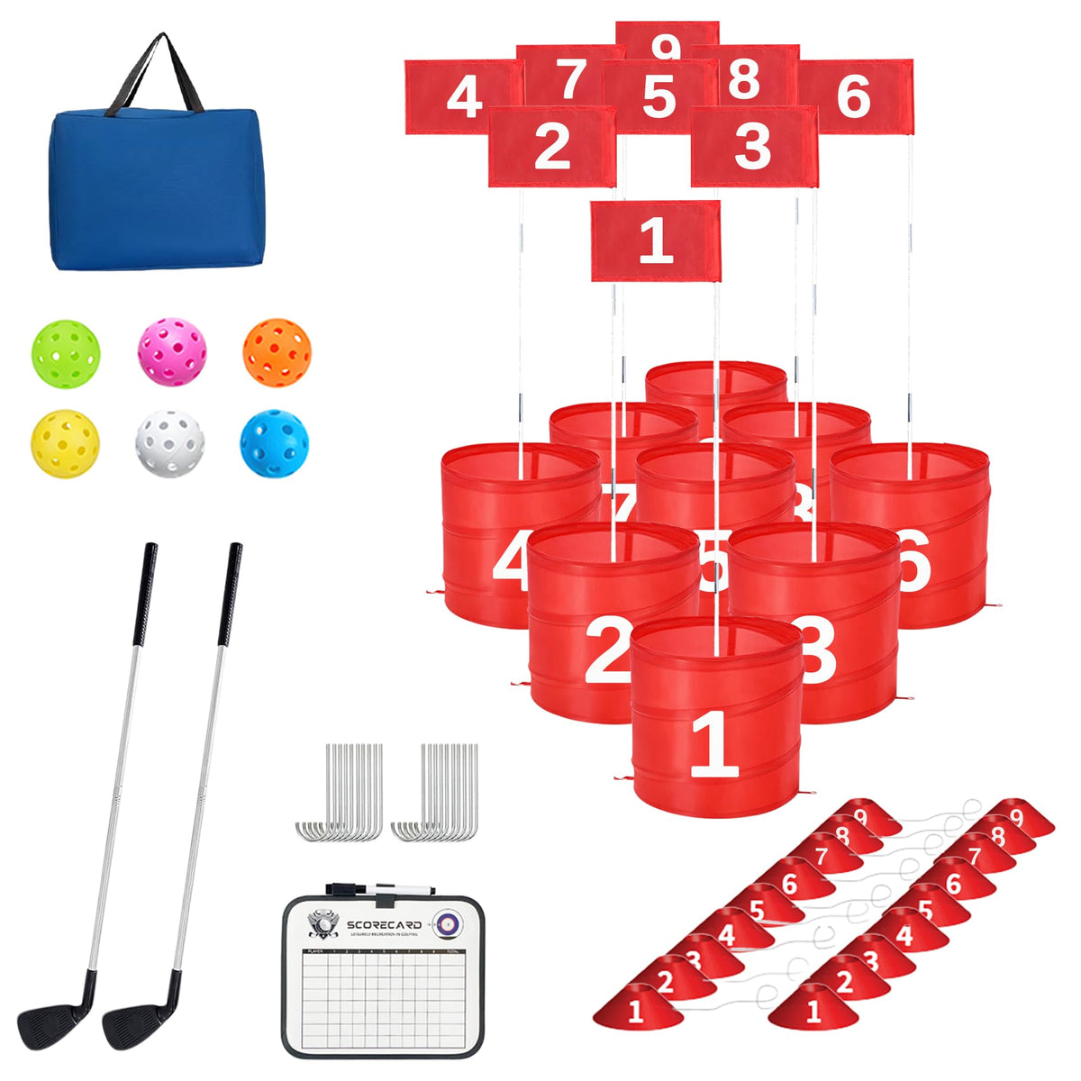 MILBOPAX golf bucket setup with flags enables quick backyard practice.