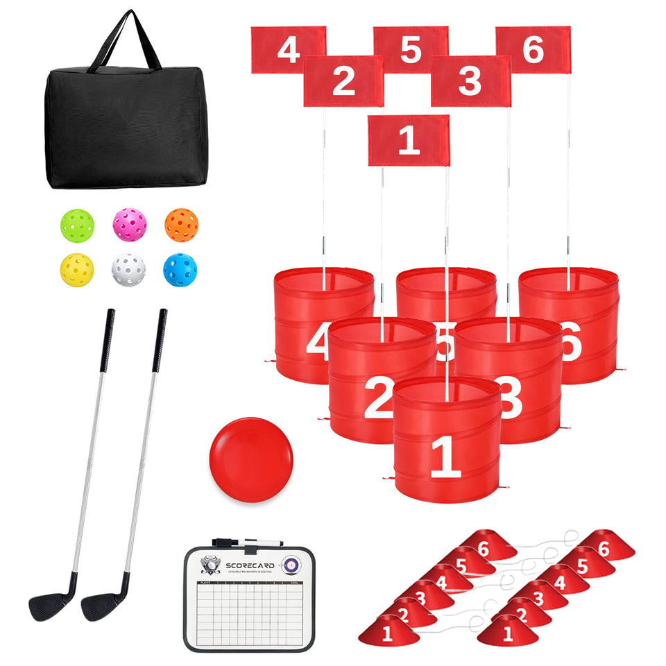 MILBOPAX Golf Bucket Yard Game setup showing six holes for versatile outdoor play