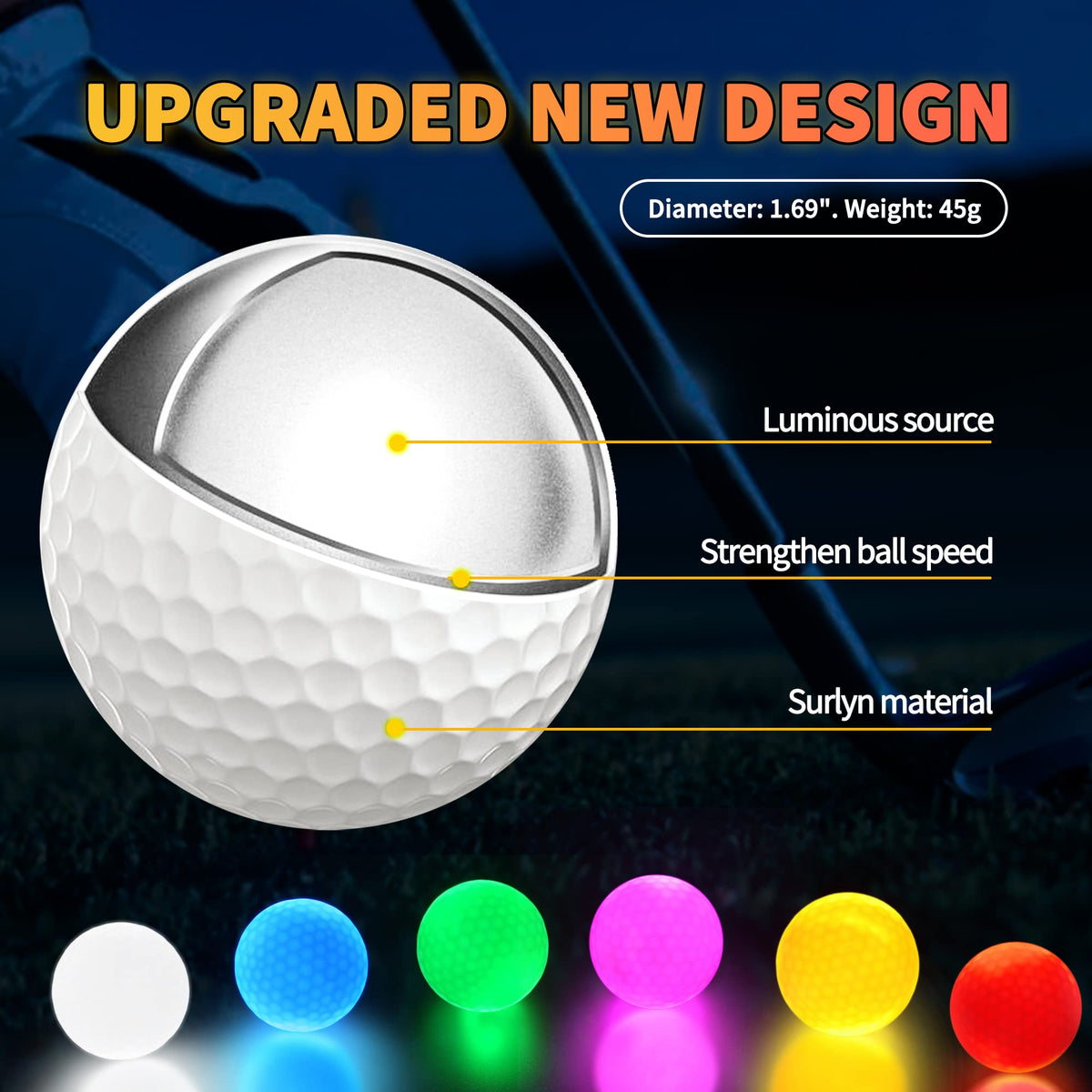 Mile High Life Glow golf ball with yellow illumination for night visibility