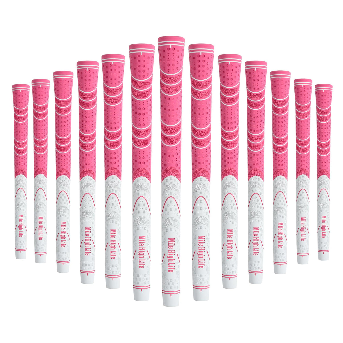 Mile High Life golf grips 13-pack on a club shaft, all-weather traction and comfort.