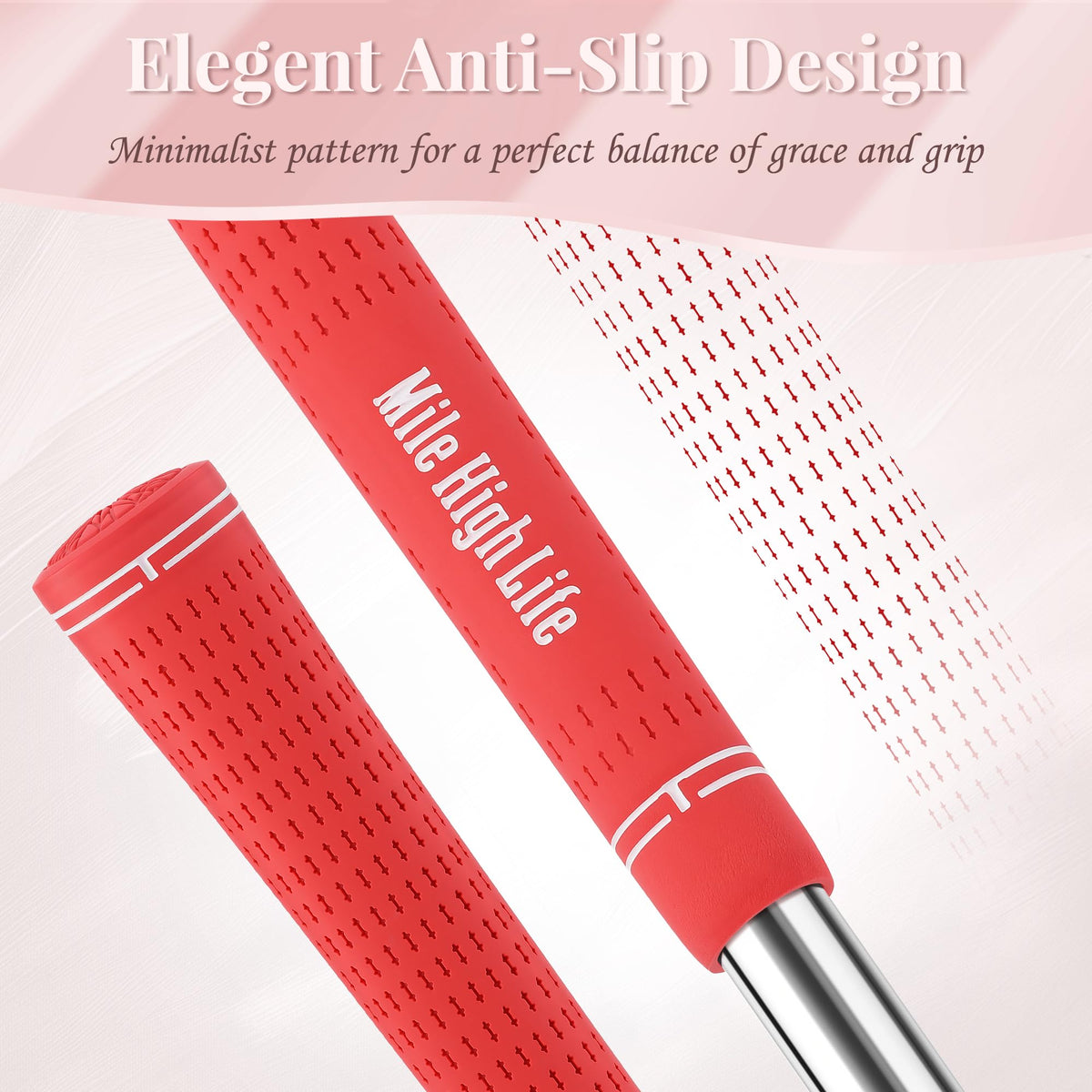 Mile High Life golf grips 13-pack display in red highlighting durable rubber.