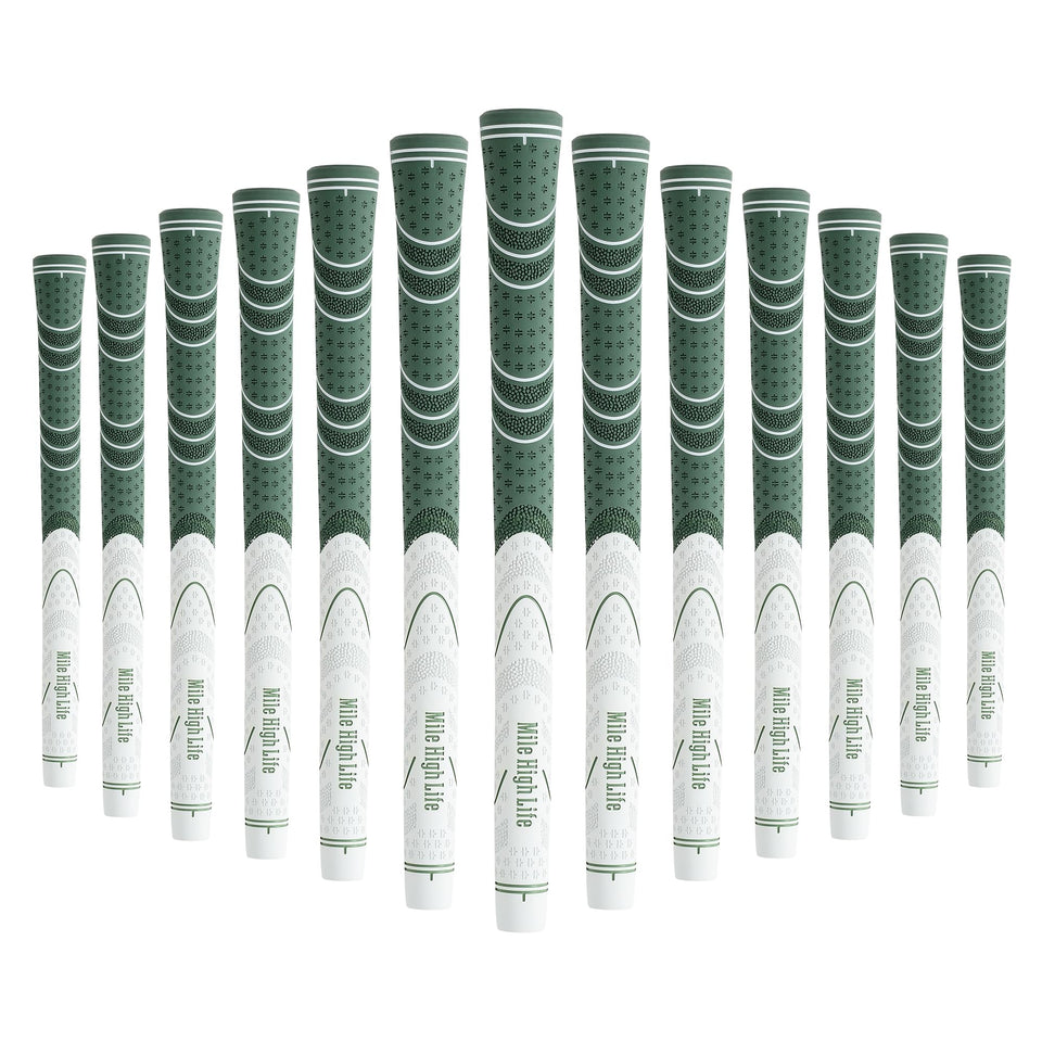 Mile High Life golf grips 13-pack on a full club set for enhanced control.