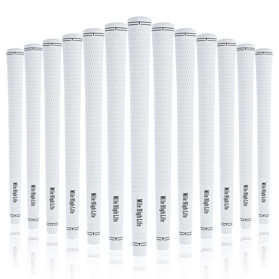 Mile High Life golf grips 3-pack white showcase anti-slip rubber for secure hold.