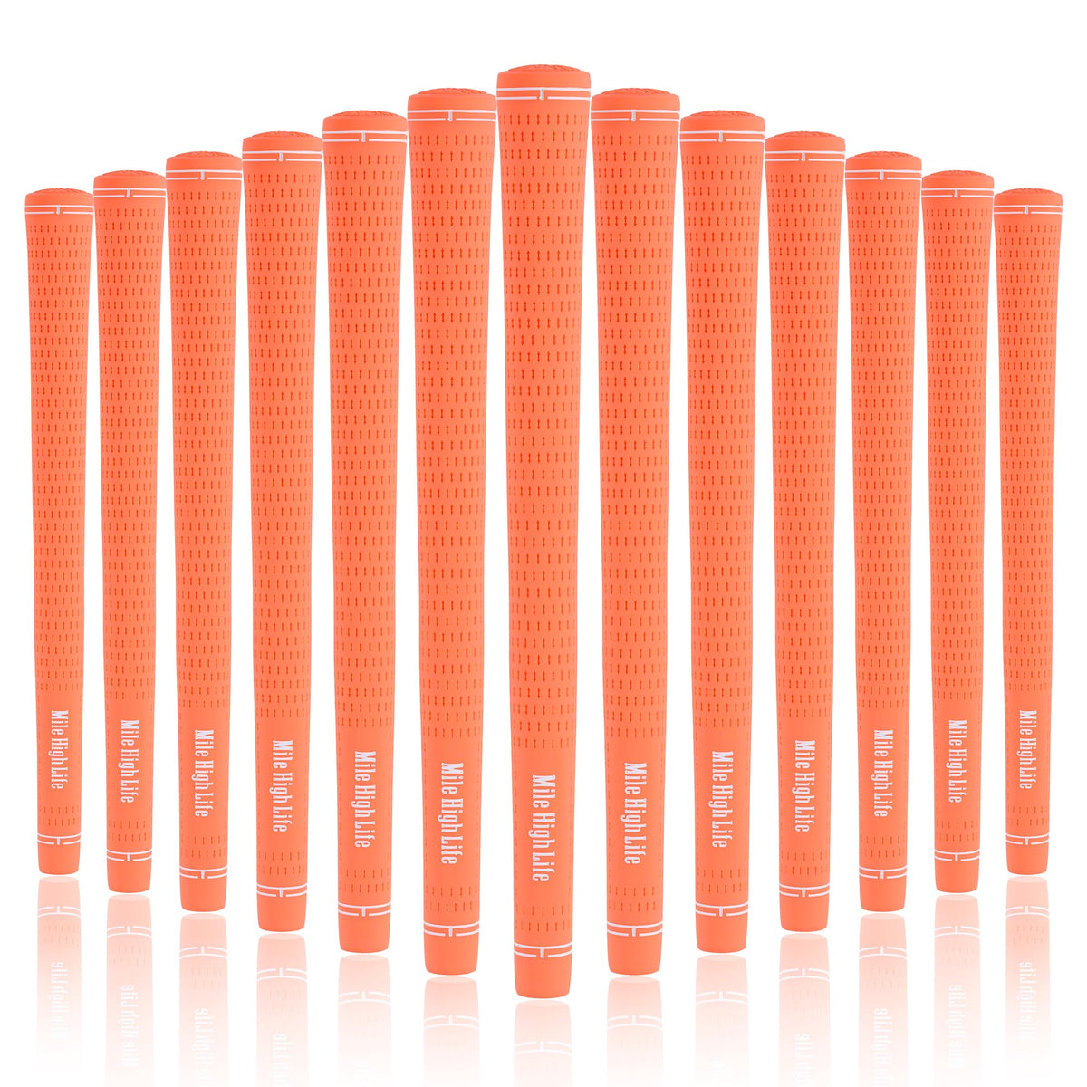Mile High Life golf grips orange 3-pack front view; anti-slip texture for steady swings.