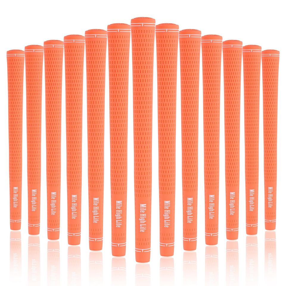 Mile High Life golf grips orange 3-pack front view; anti-slip texture for steady swings.