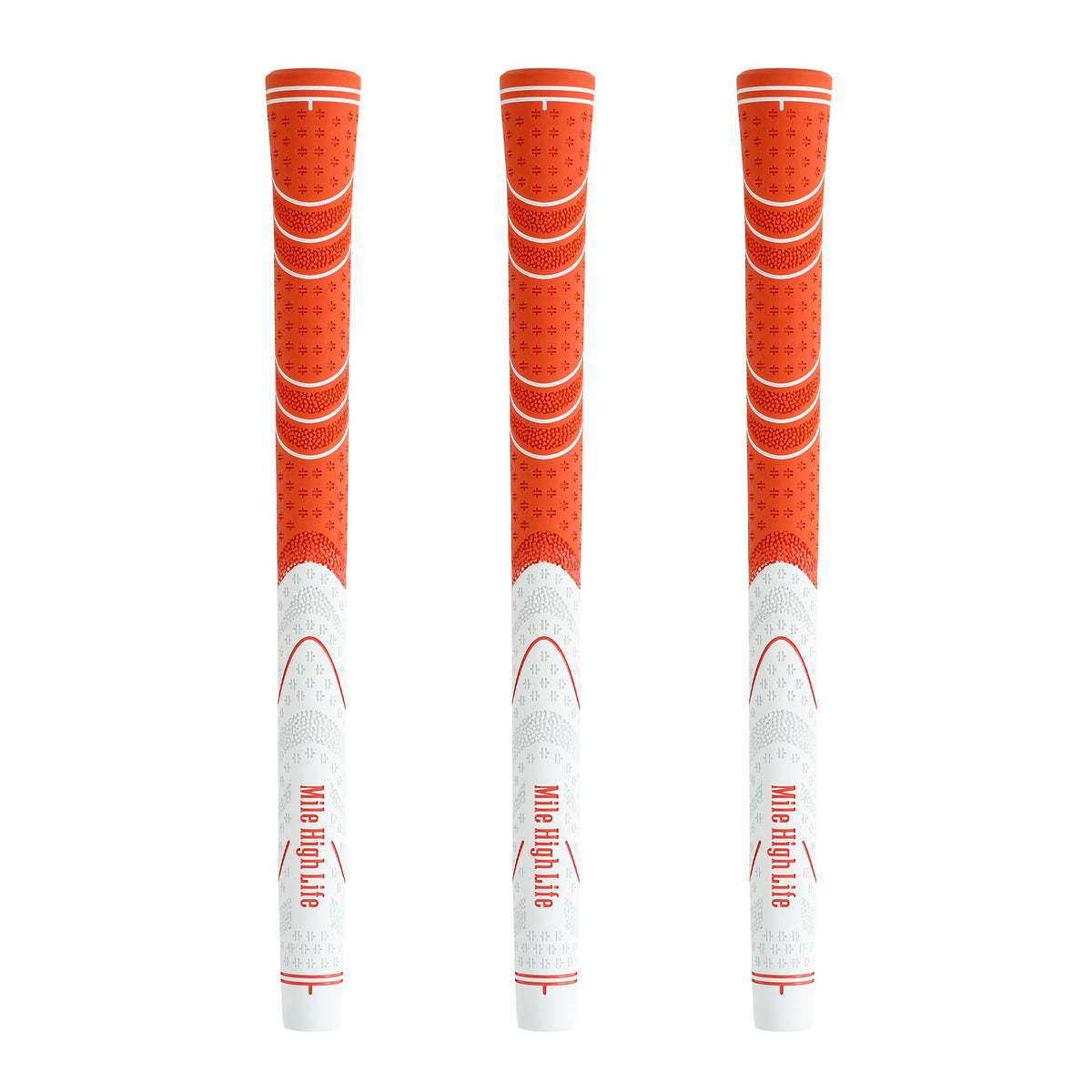 Mile High Life golf grips orange 3-pack front view shows a comfortable all-weather grip.