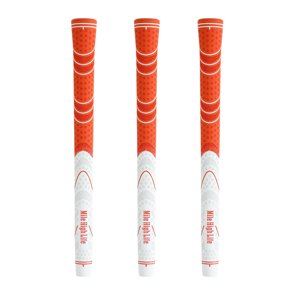 Mile High Life golf grips orange 3-pack front view shows a comfortable all-weather grip.