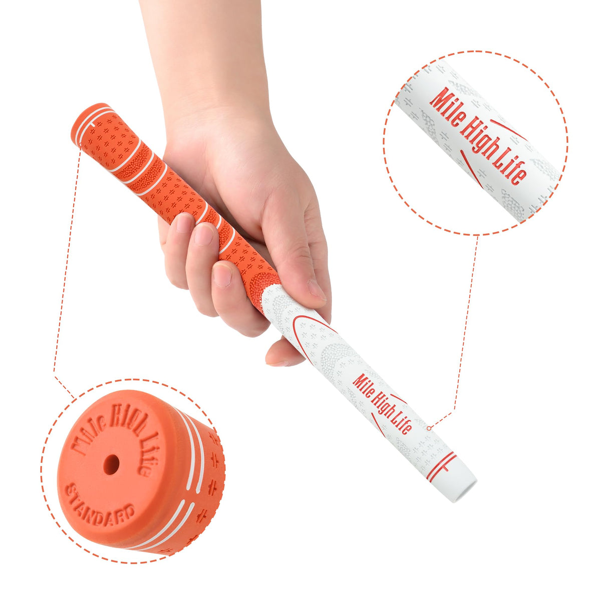 Mile High Life golf grips orange 3-pack on swing demonstrates control and stability.