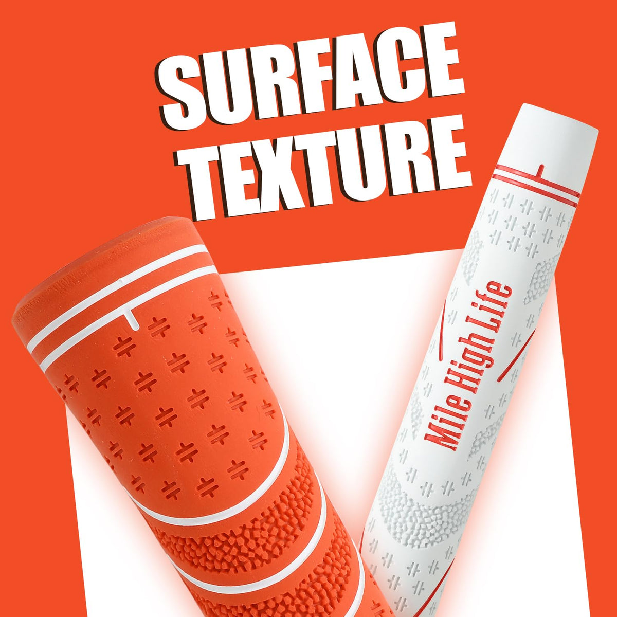 Mile High Life golf grips orange 3-pack close-up texture detail highlights micro-texture traction.