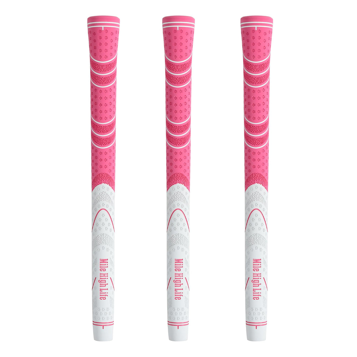 Mile High Life pink 3-pack golf grips packaging highlights durability and all-weather grip